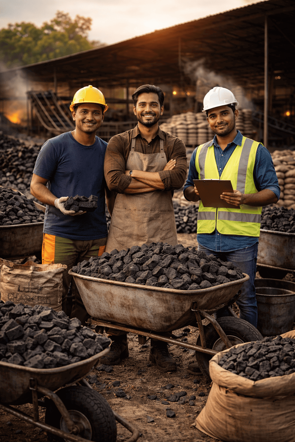 Bangladeshi workers handling charcoal briquettes inside an industrial production facility